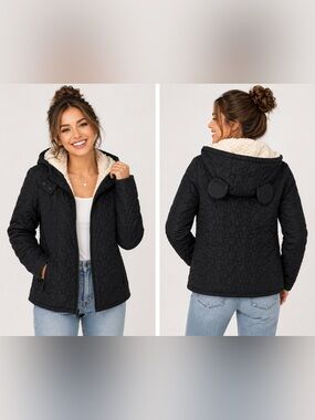 Disney Parks Mickey Mouse Quilted Jacket WMN  Black Sherpa Lined Hood Ears Zip